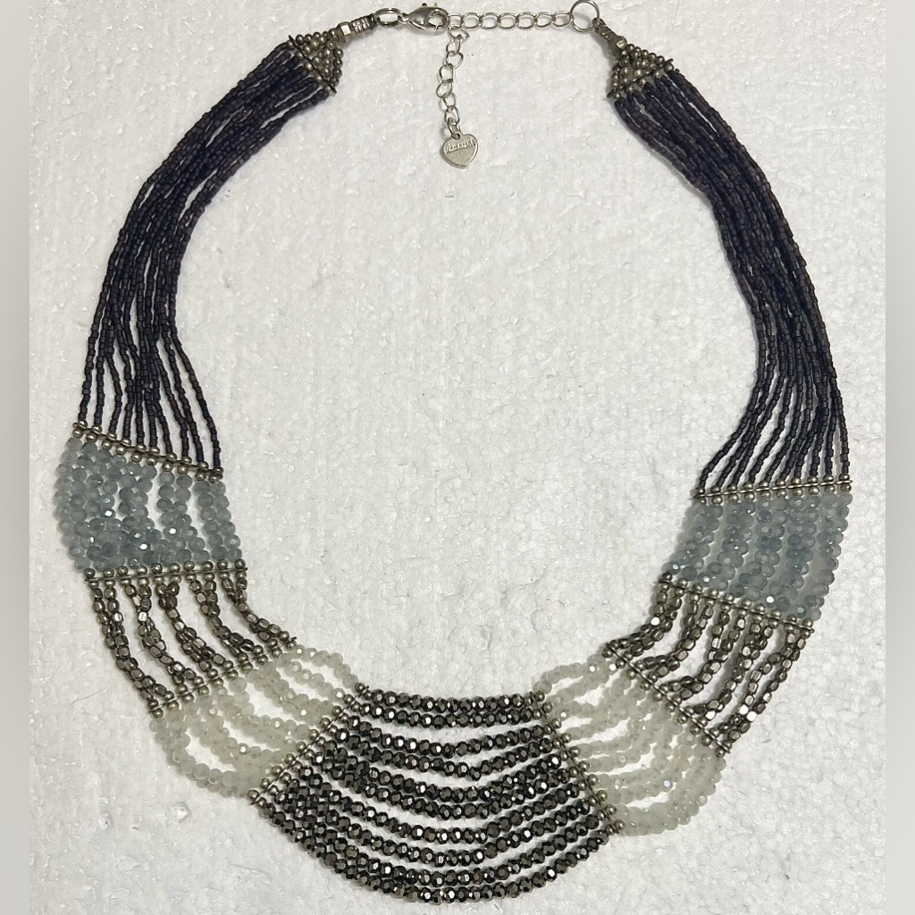 Nakamol Wide Multi-Strand Shades Of Gray Crystal Metallic Silver Bead Necklace 39$